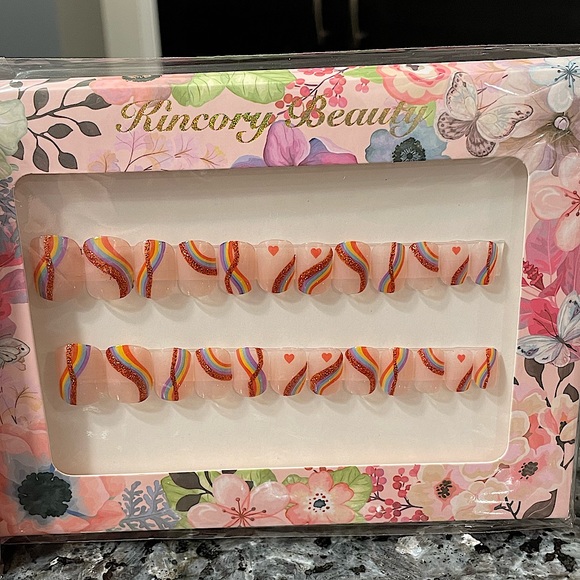 NEW Heart Paw Print Pearl Rainbow Glitter Swirl Nude Press-On Nail Set Bundle - Picture 4 of 4